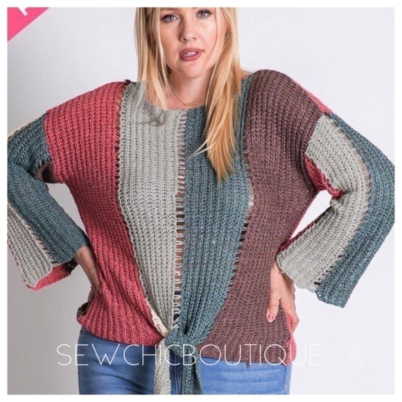 Plus Size Color Block Tie Front Sweater - Picture 3 of 4